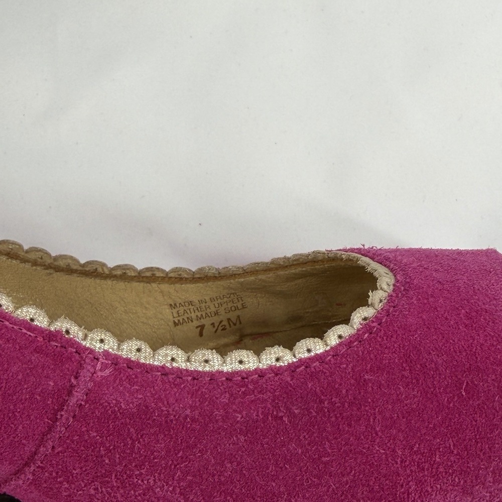 Lilly Pulitzer Sz 7.5 Hot Pink Suede Gold Trim Leather Wedge Heel Peep Toe Shoes - Picture 3 of 8